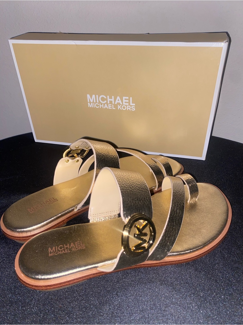 Michael Kors Gold Leather Slide Sandals with MK Logo